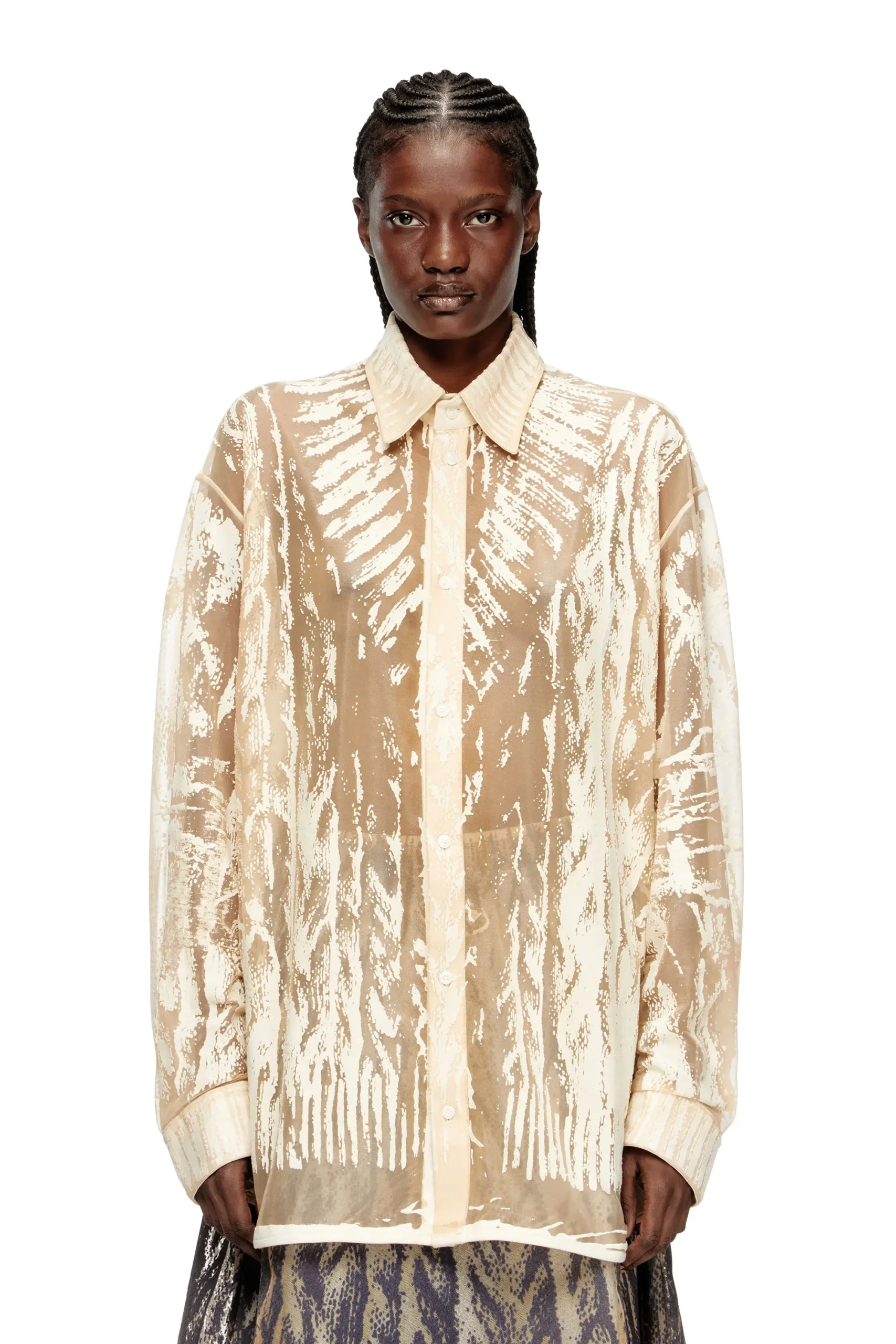 חולצה מכופתרת בהדפס סריג - לבן