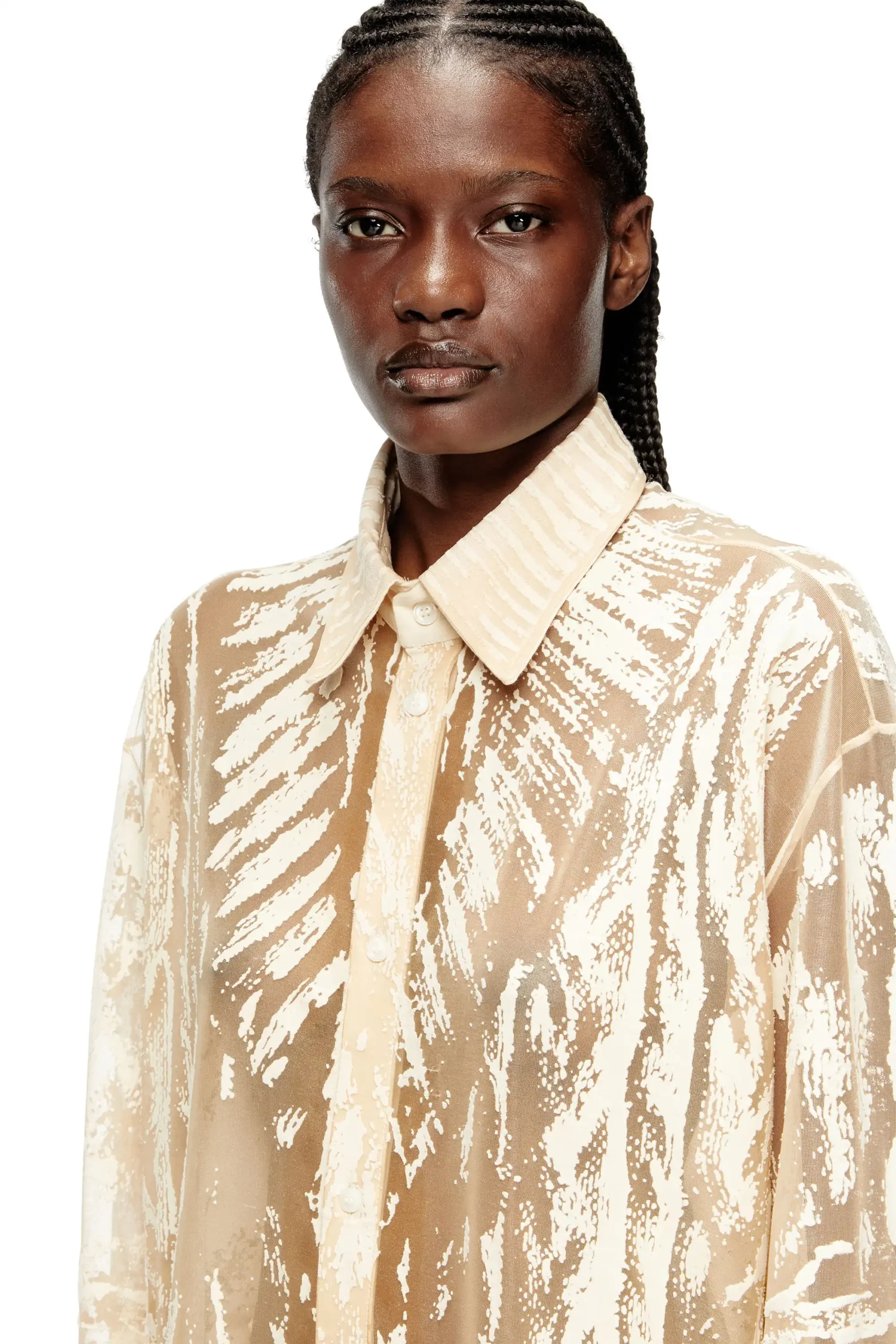 חולצה מכופתרת בהדפס סריג - לבן – תמונה 3