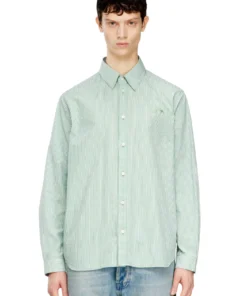 חולצה מכופתרת מפוספסת מכותנה מקומטת - ירוק