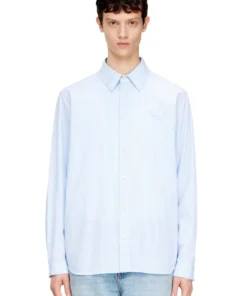 חולצה מכופתרת מפוספסת מכותנה מקומטת - תכלת