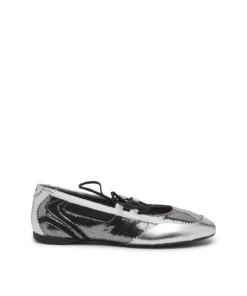 נעלי בלט עם שרוכים בגימור מטאלי - כסף/שחור