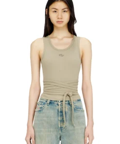 גופיית קרופ ריב עם שרוכי ליפוף - בז׳