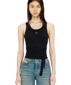 גופיית קרופ ריב עם שרוכי ליפוף - שחור