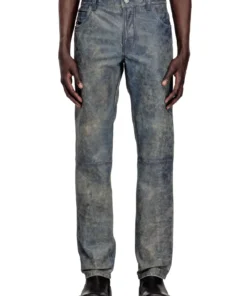 מכנסי עור בגזרת ג׳ינס - כחול