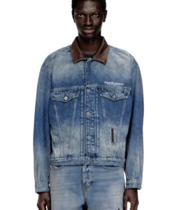 ג'קט דנים טראקר עם צווארון עור בניגוד - כחול