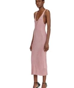 שמלת מידי בסריגת ריב מטאלית - ורוד