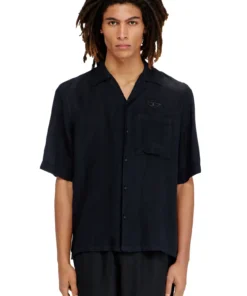 חולצה מתערובת פשתן שרוול קצר בגזרה רגילה - שחור