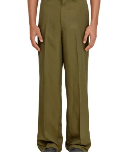 מכנסיים מתערובת פשתן בגזרה רחבה עם סגירת רוכסן וכפתור - ירוק