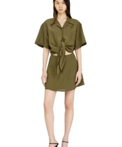 שמלת מיני מתערובת פשתן עם קשר במותן - ירוק זית