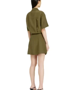 Alternative view of שמלת מיני מתערובת פשתן עם קשר במותן - ירוק זית