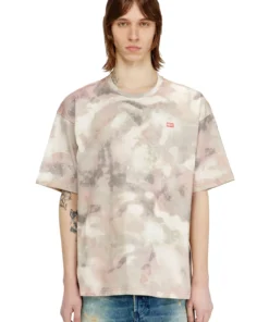 טישרט שרוול קצר מכותנה עבה עם הדפס קמו - ירוק/חום-בז'/חום