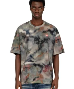 טישרט שרוול קצר מכותנה עבה עם הדפס קמו - ירוק/חום