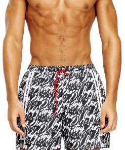 מכנסי שורטס שחייה עם הדפס לוגו כולל - שחור/לבן