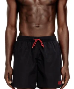 בגד ים שורטס עם כיס רוכסן וחגורת מותן אלסטית ושרוך - כחול כהה-שחור