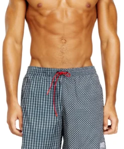 בגד ים שורטס עם הדפס משולב וחגורת מותן אלסטית ושרוך - לבן/אדום-כחול