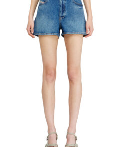 מכנס קצר מג'ינס בגזרה רגילה עם מותן גבוהה במראה משופשף - כחול