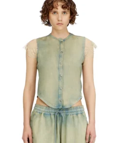 חולצה שרוול קצר מדנים ולייס - כחול בהיר