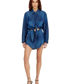 שמלה קצרה מדנים בגימור נקי - כחול בינוני