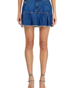 חצאית מיני פליסה מדנים עם קצוות פרומים - כחול בינוני