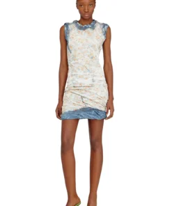 שמלת מיני שכבות עם הדפס פרחוני אפקט X-ray - בז'/כחול