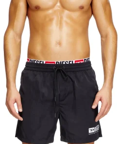 מכנסי ים באורך בינוני עם שרוך מותן ולוגו - שחור