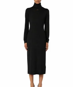 שמלת מידי סריג צווארון גבוה עם לוגו אובלי - שחור