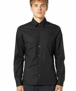 חולצת פופלין כותנה אלסטית עם לוגו רקום - שחור