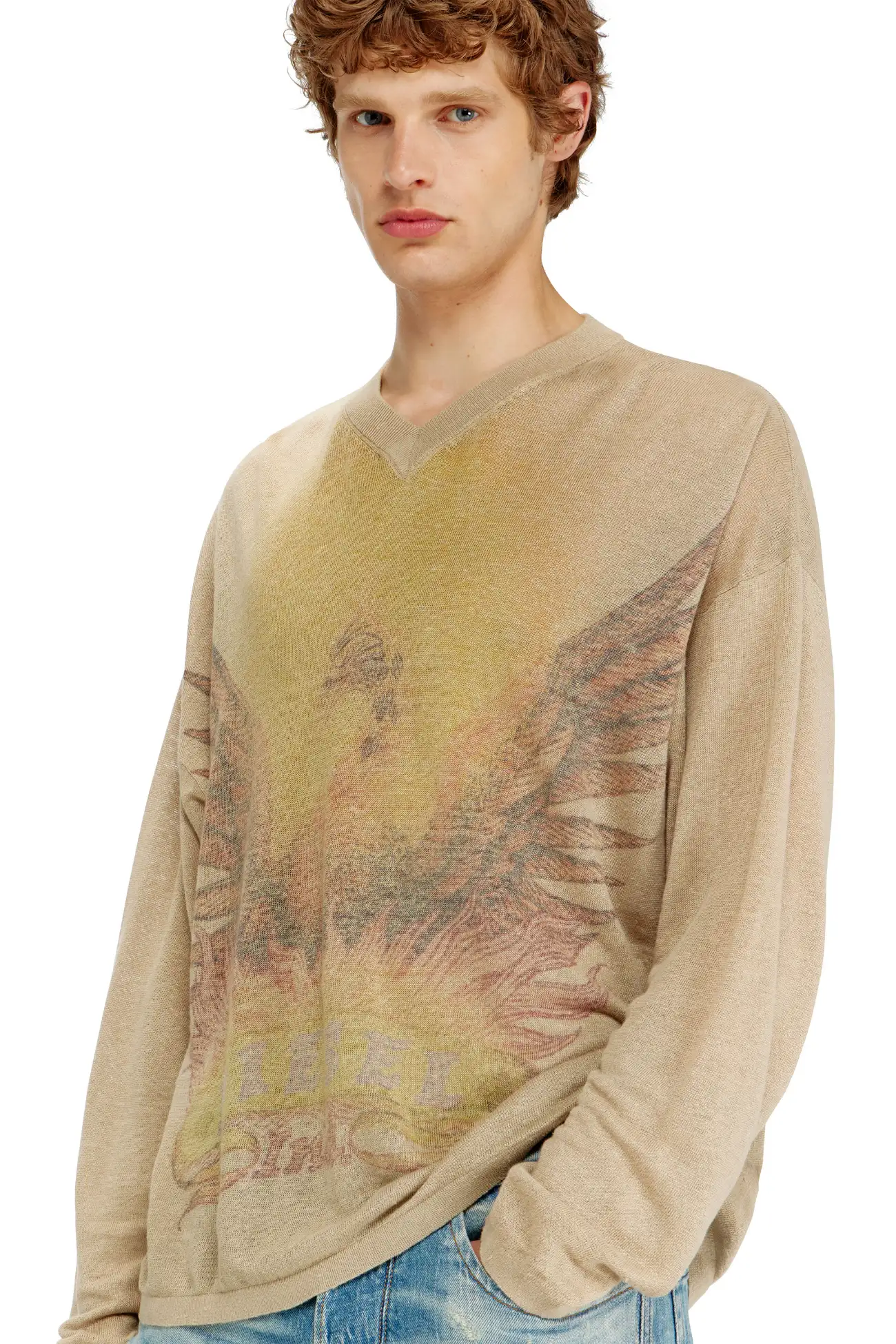 סריג פשתן עם הדפס עוף החול במראה דהוי - בז' – תמונה 3